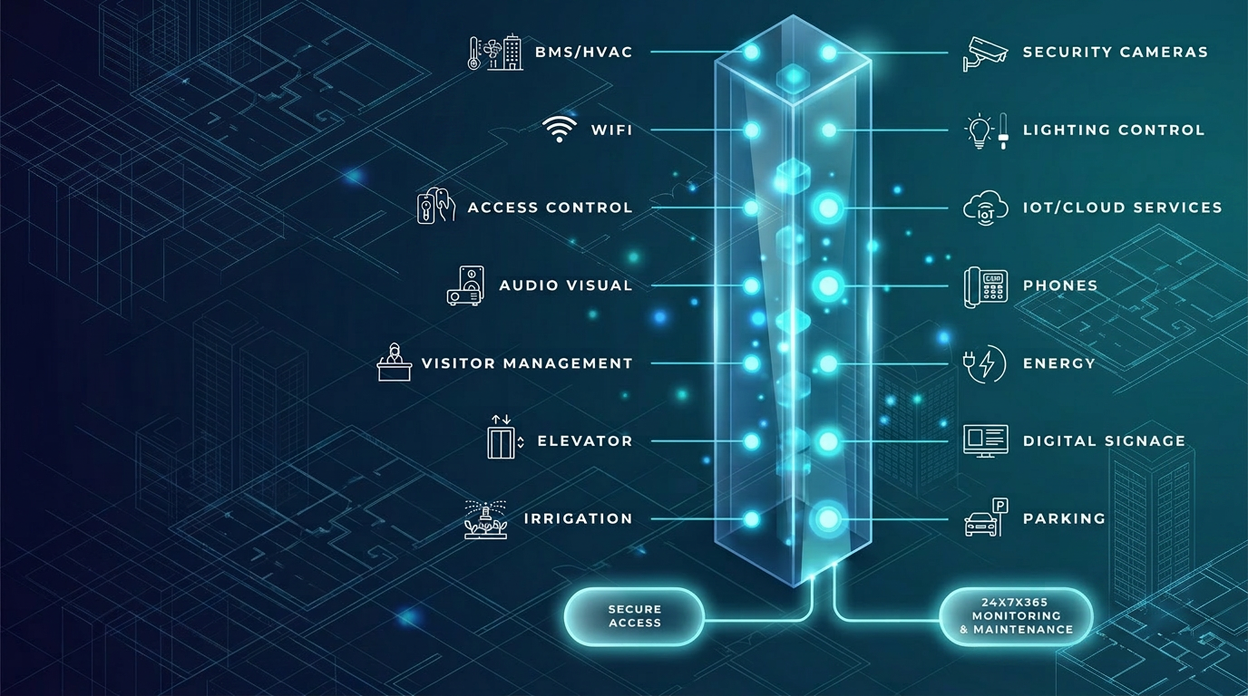 The SMART Riser — vertical digital infrastructure integrating BMS/HVAC, WiFi, access control, audio visual, visitor management, elevator, irrigation, security cameras, lighting, IoT/cloud services, phones, energy, digital signage, and parking systems